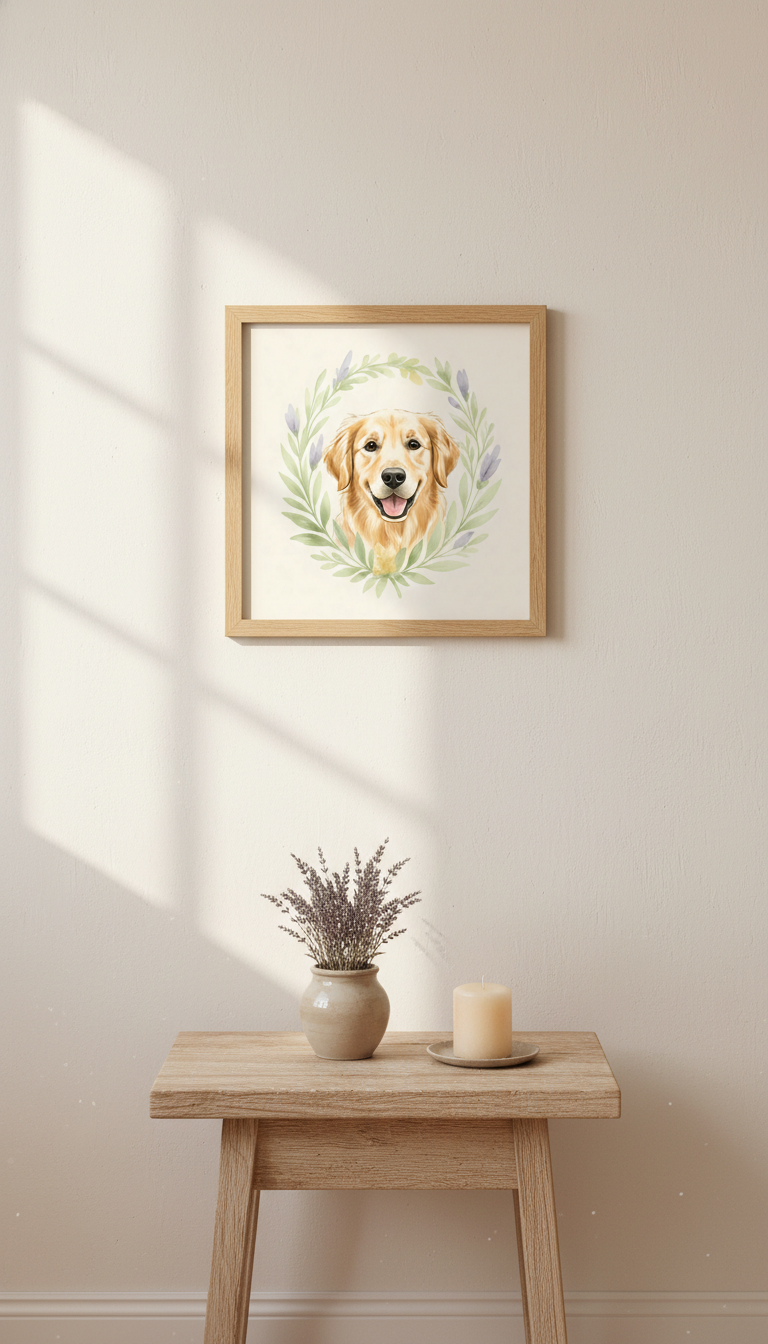 Premium Matte Poster 25x25 cm Golden Retriever "Dog with Leaf Crown"